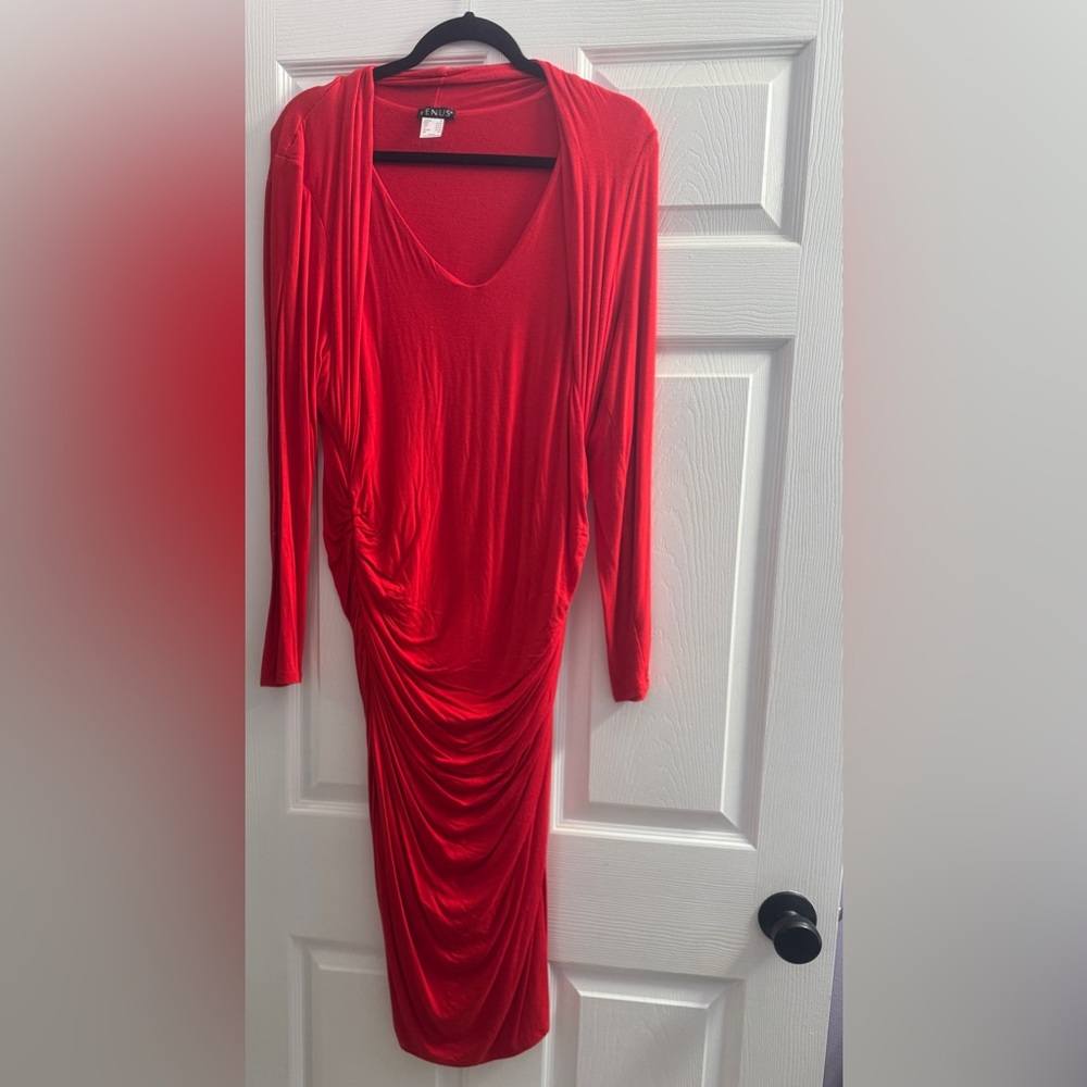 VENUS Red Long Sleeve Dress with Ruching size XL